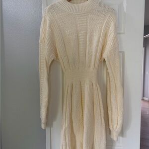 Guess Cream Ribbed Knit Long-Sleeve Dress